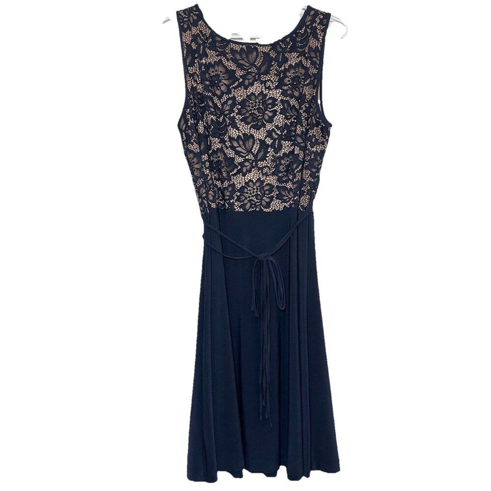 Roz & Ali Navy Lace Fit & Flare Dress Womenβs 14 Sleeveless Knee Length